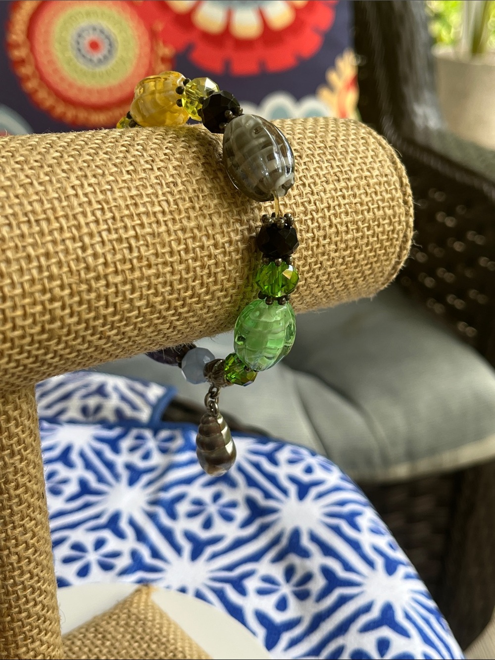 Handmade Glass Bead Bracelet in Green, Yellow & Gray - Picture 3 of 10